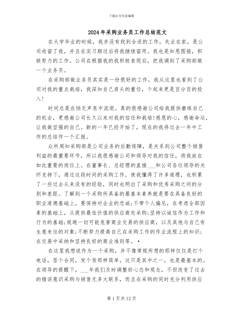 2024年采购业务员工作总结范文_第1页