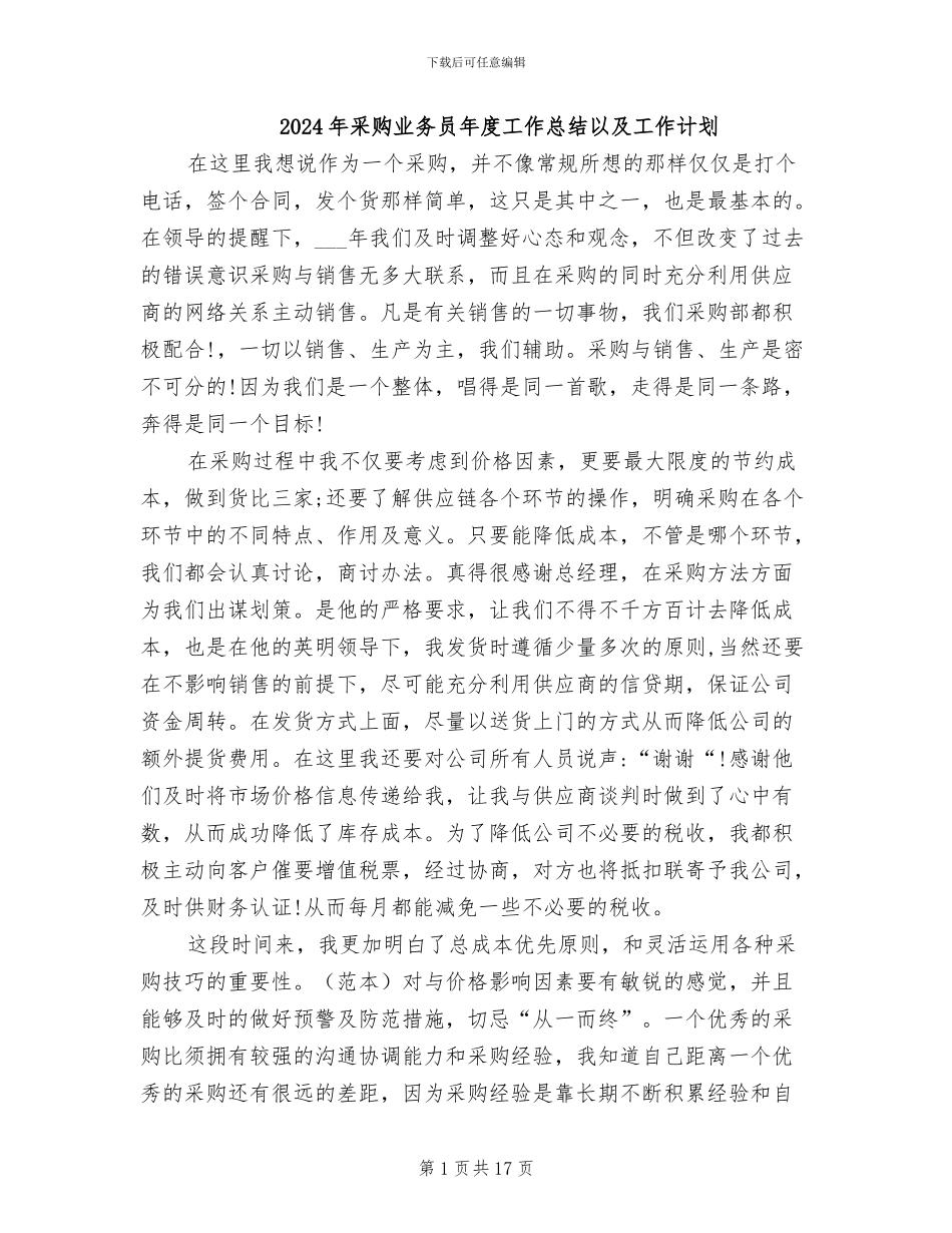 2024年采购业务员年度工作总结以及工作计划_第1页
