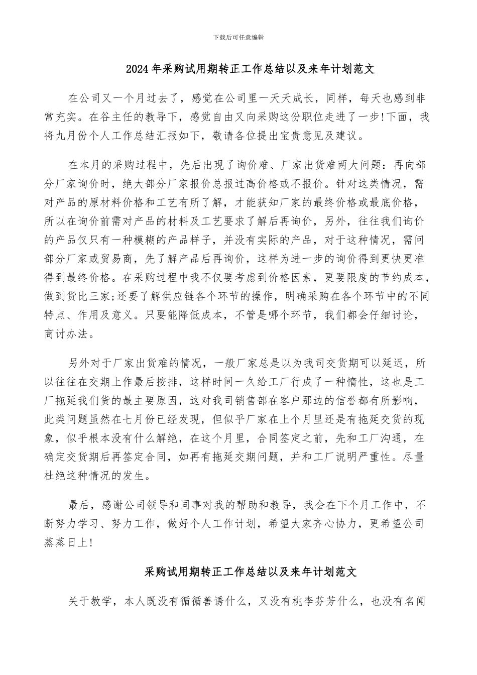 2024年采购试用期转正工作总结以及来年计划范文_第1页