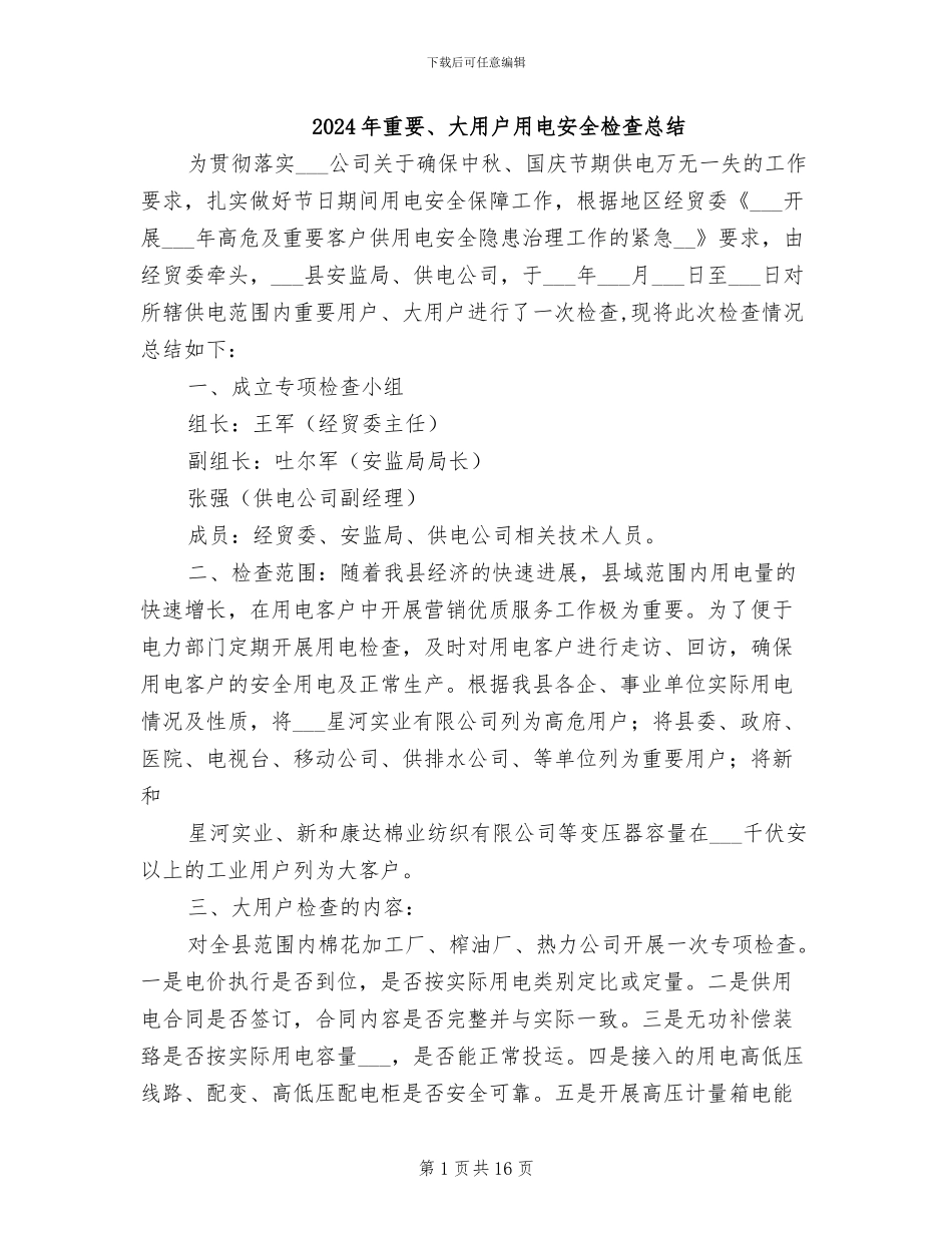 2024年重要、大用户用电安全检查总结_第1页