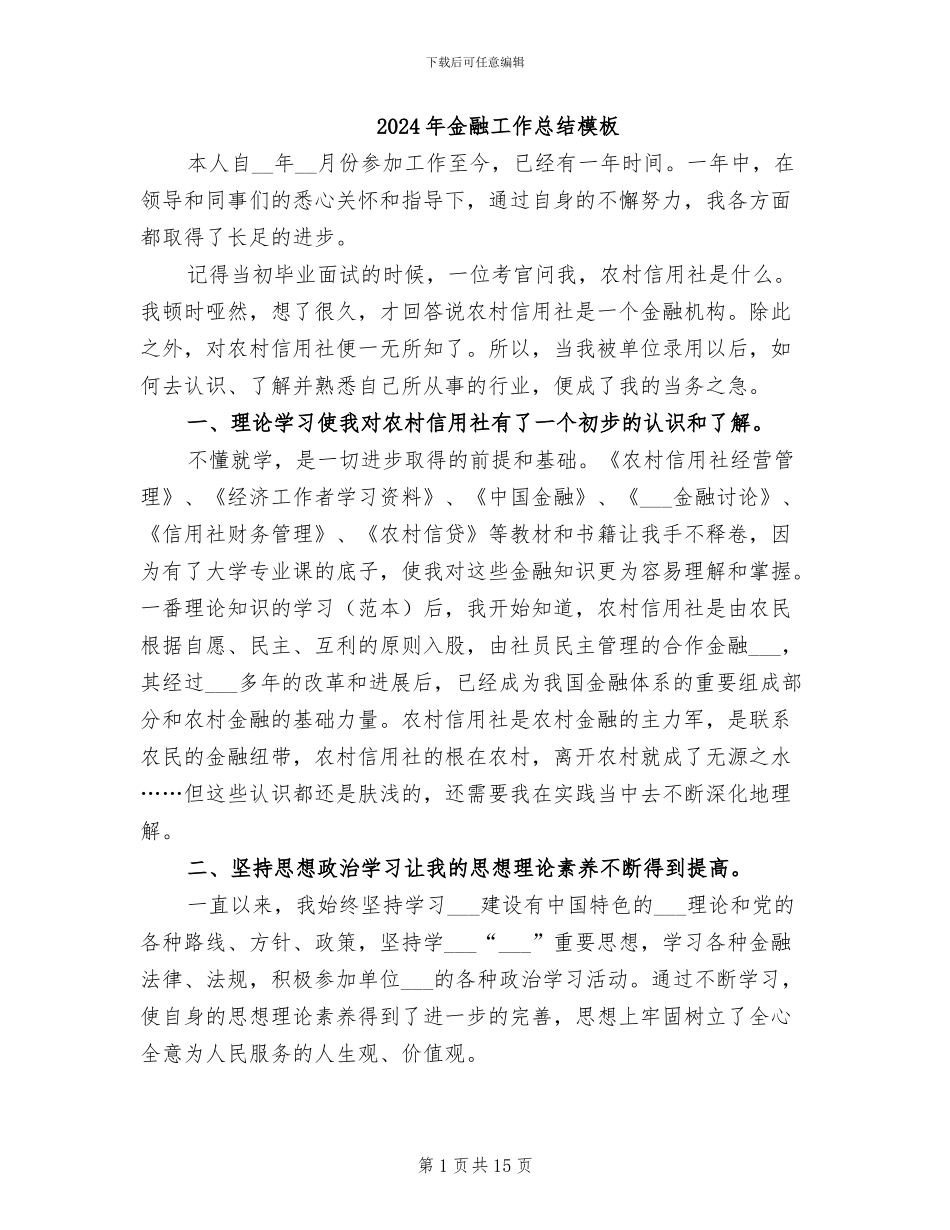 2024年金融工作总结模板_第1页