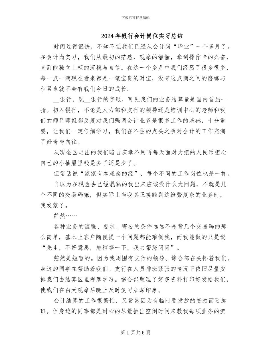 2024年银行会计岗位实习总结_第1页
