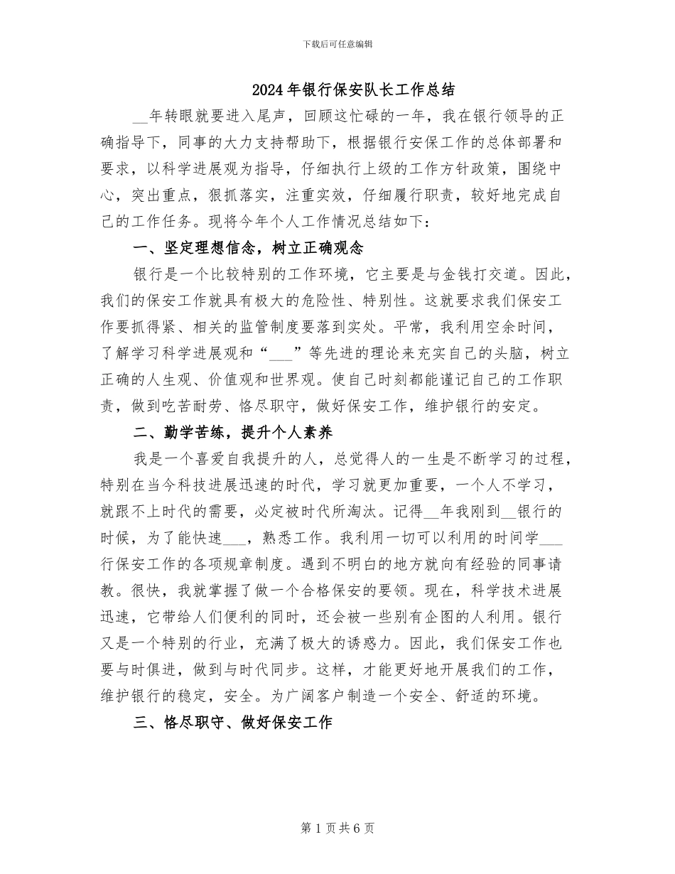 2024年银行保安队长工作总结_第1页