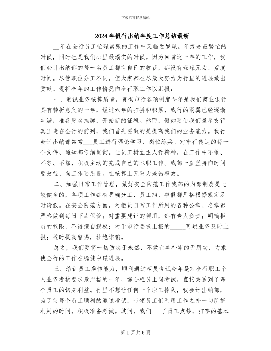 2024年银行出纳年度工作总结最新_第1页