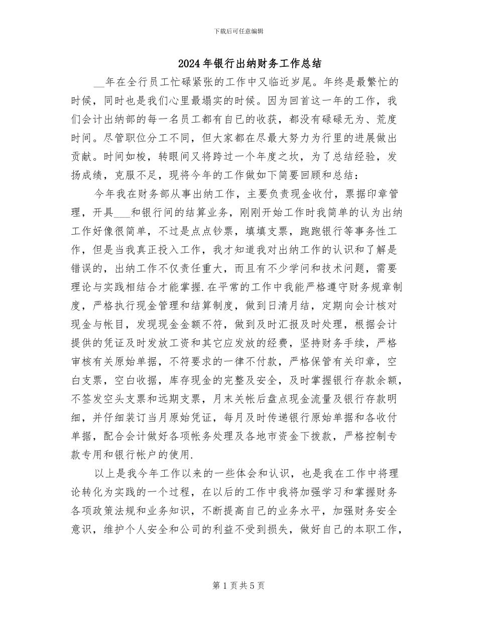 2024年银行出纳财务工作总结_第1页
