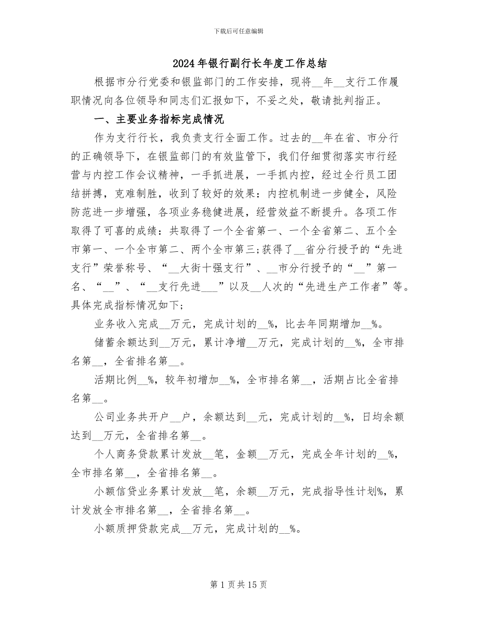 2024年银行副行长年度工作总结_第1页