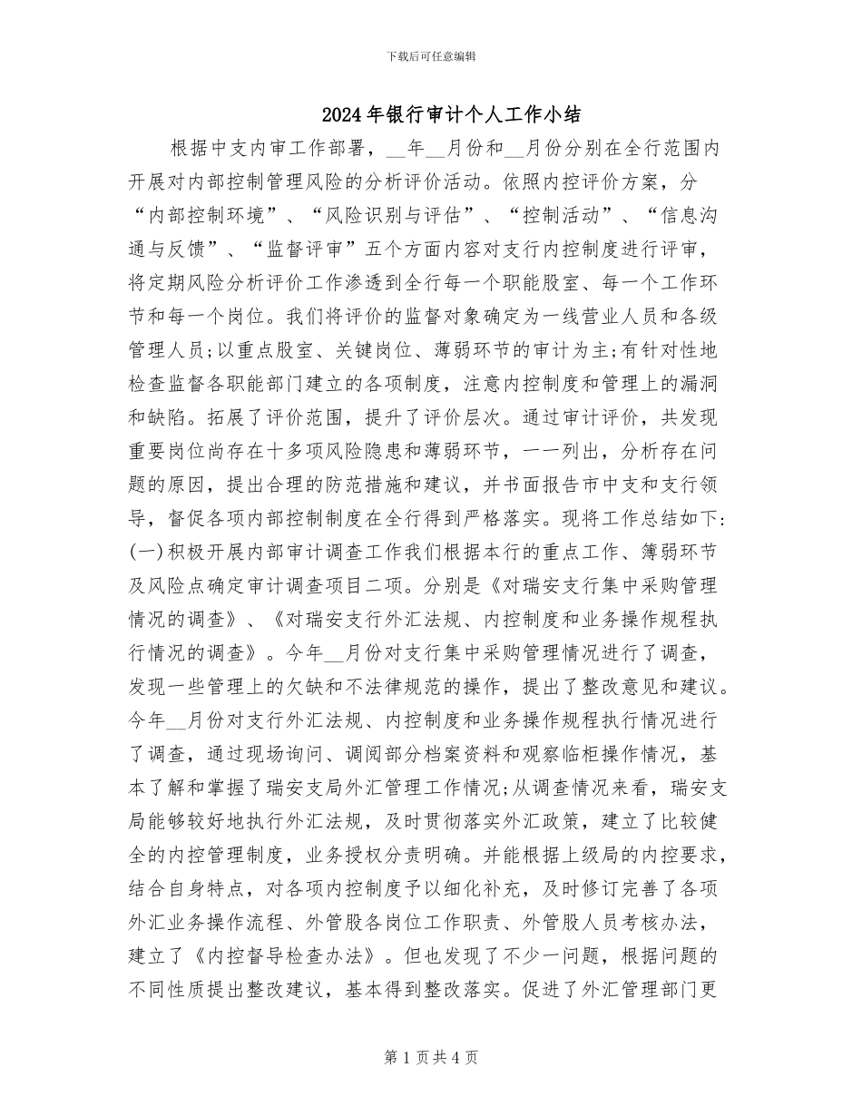 2024年银行审计个人工作小结_第1页