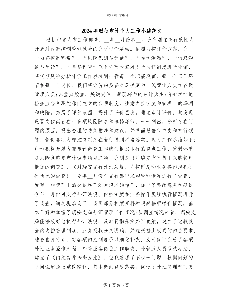 2024年银行审计个人工作小结范文_第1页