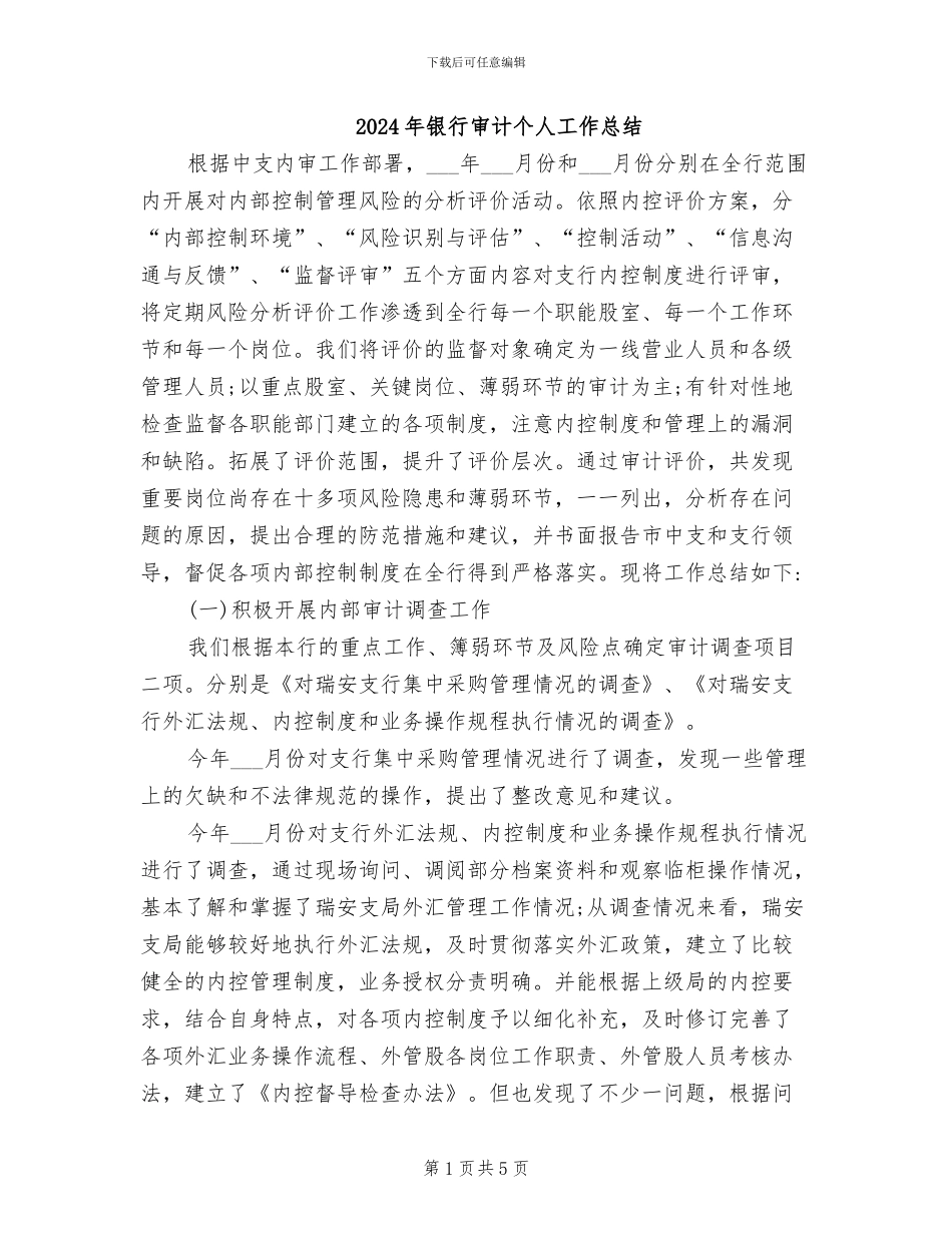 2024年银行审计个人工作总结_第1页
