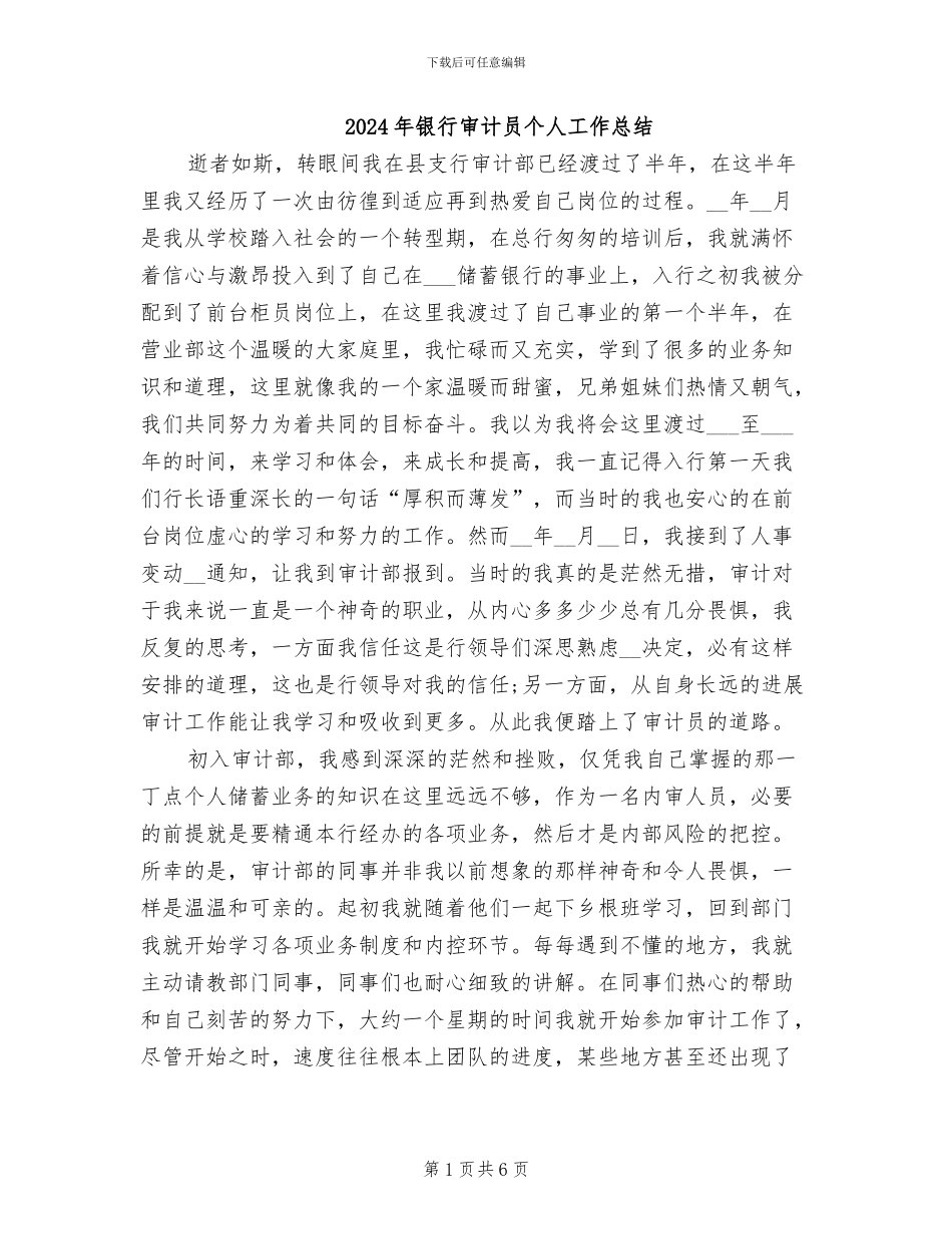 2024年银行审计员个人工作总结_第1页