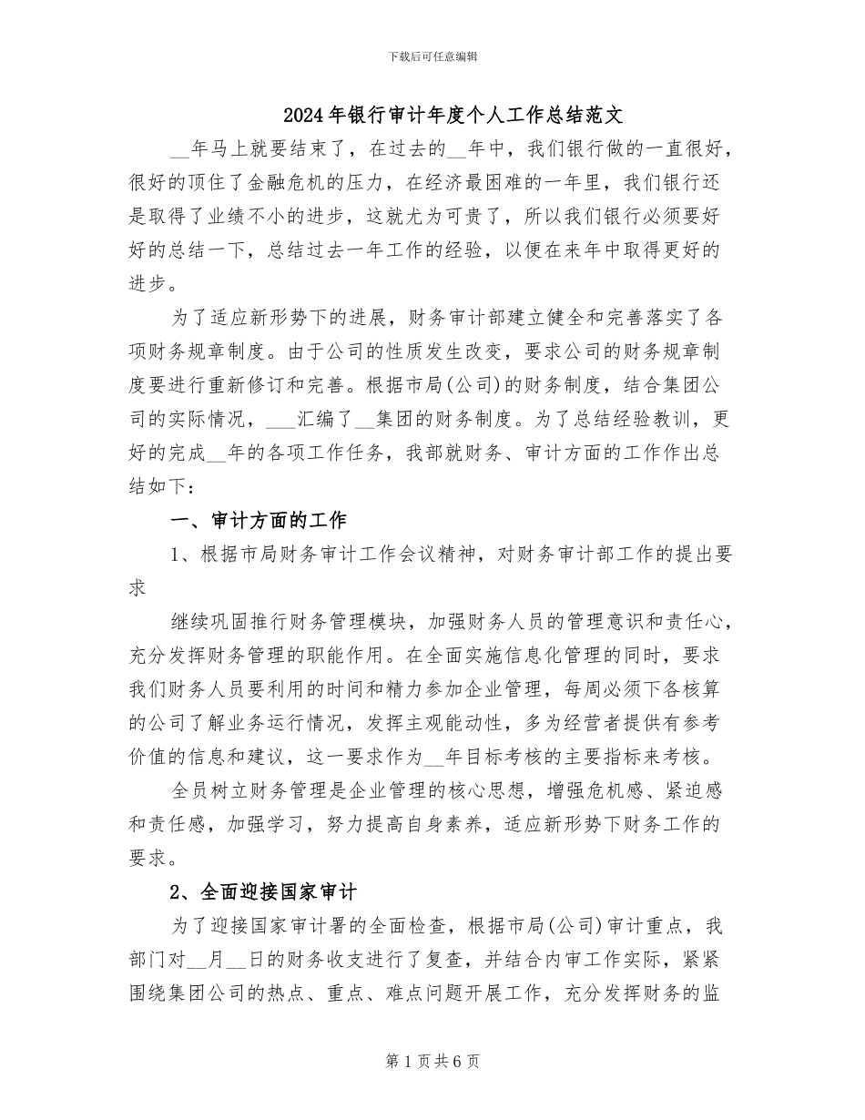 2024年银行审计年度个人工作总结范文_第1页