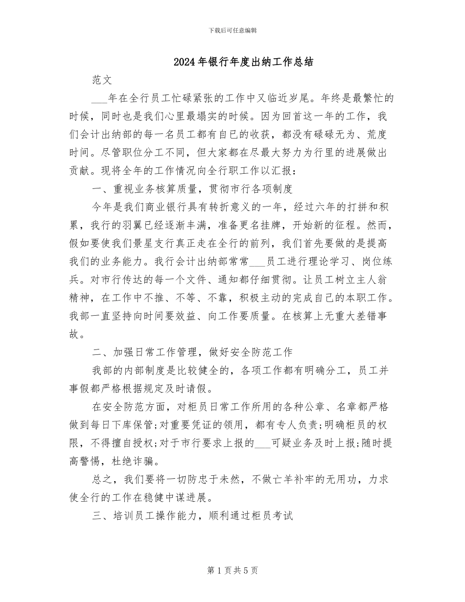 2024年银行年度出纳工作总结_第1页