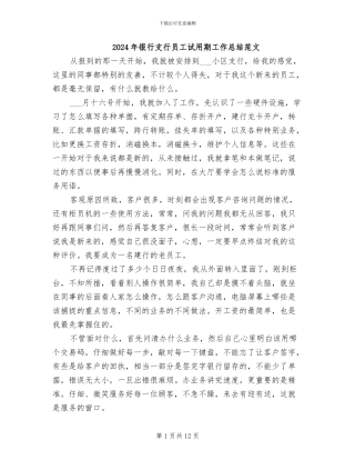 2024年银行支行员工试用期工作总结范文