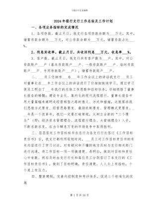 2024年银行支行工作总结及工作计划