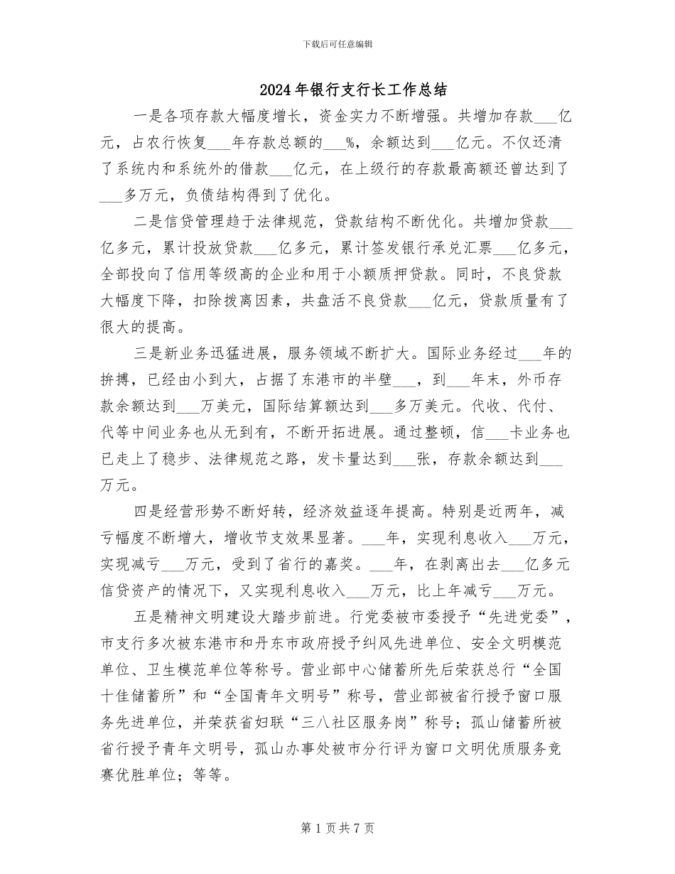 2024年银行支行长工作总结_第1页