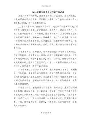 2024年银行新员工试用期工作总结