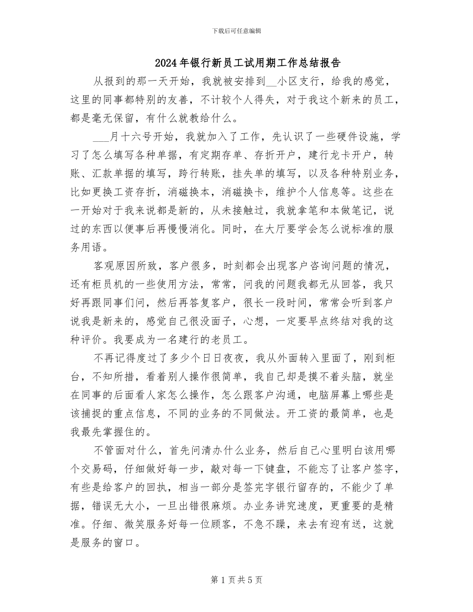 2024年银行新员工试用期工作总结报告_第1页