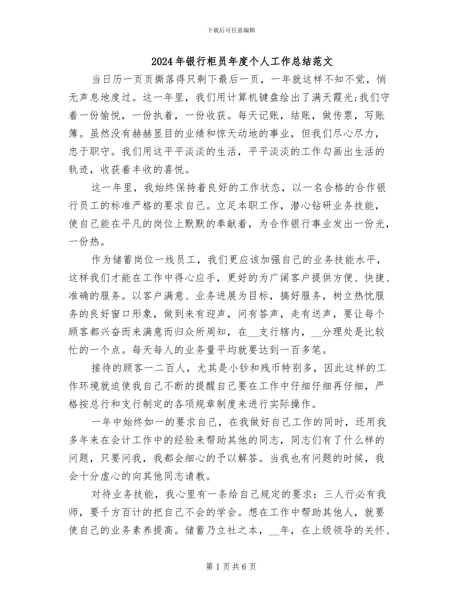 2024年银行柜员年度个人工作总结范文_第1页