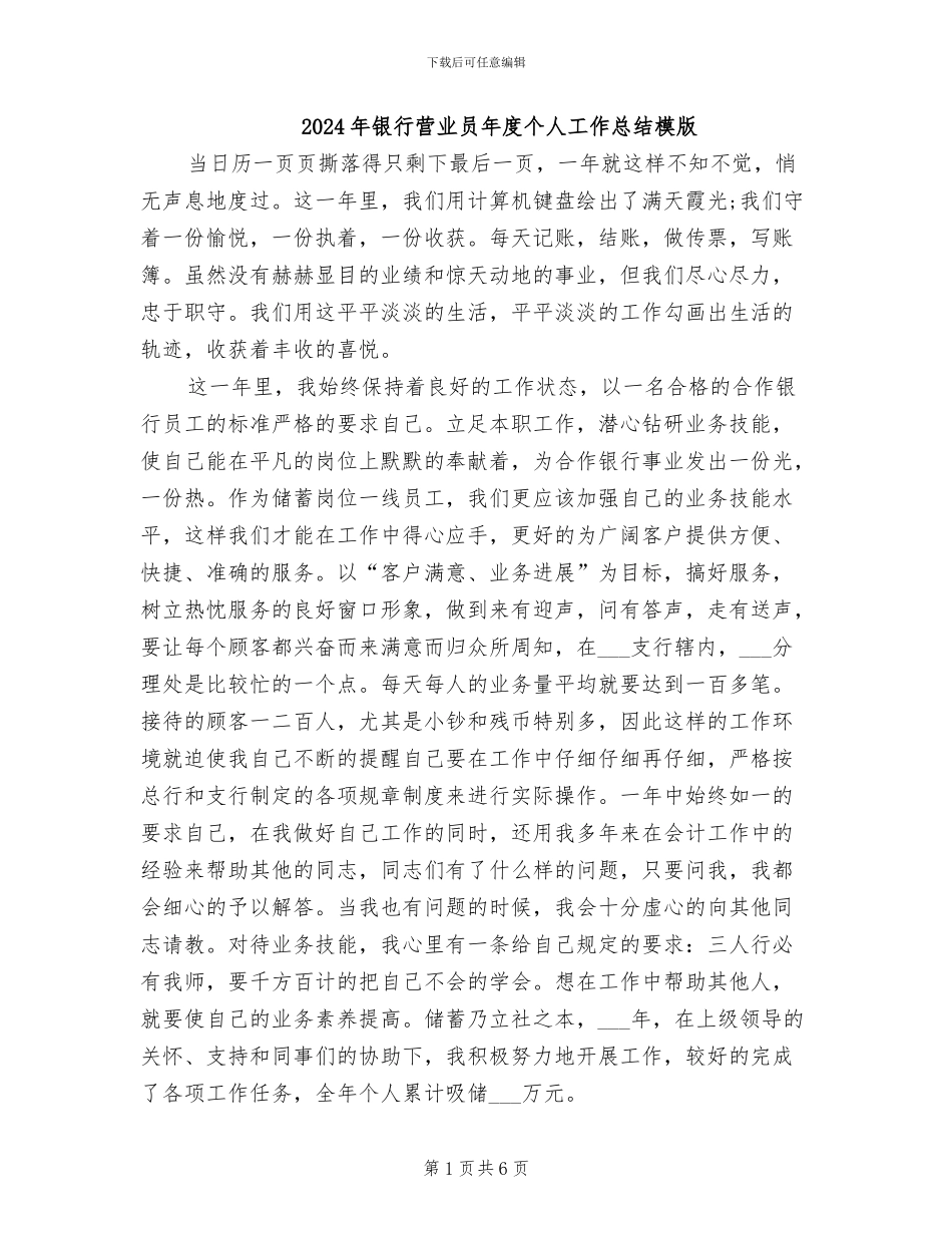 2024年银行营业员年度个人工作总结模版_第1页