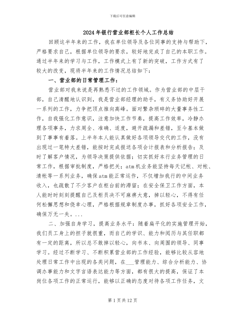 2024年银行营业部柜长个人工作总结_第1页