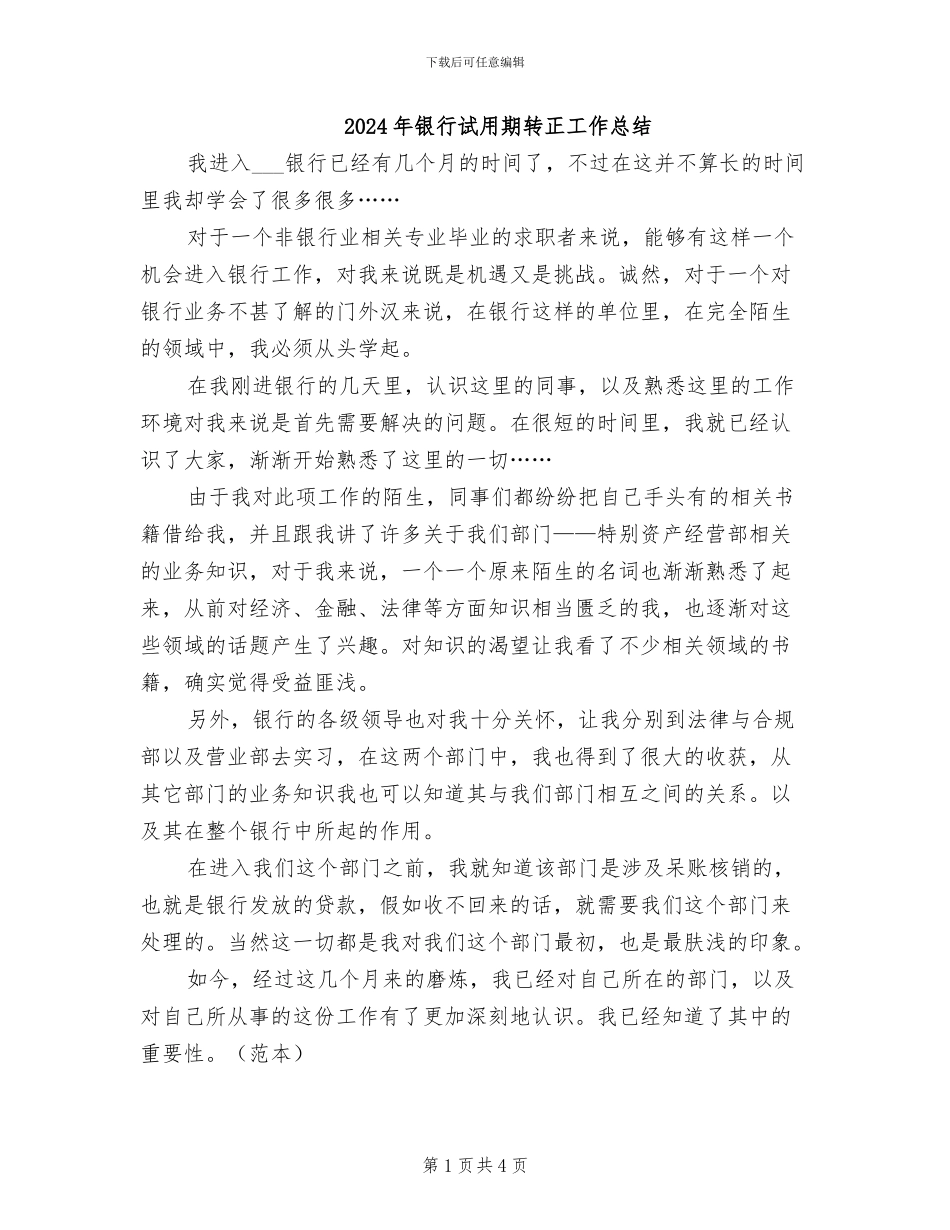 2024年银行试用期转正工作总结_第1页