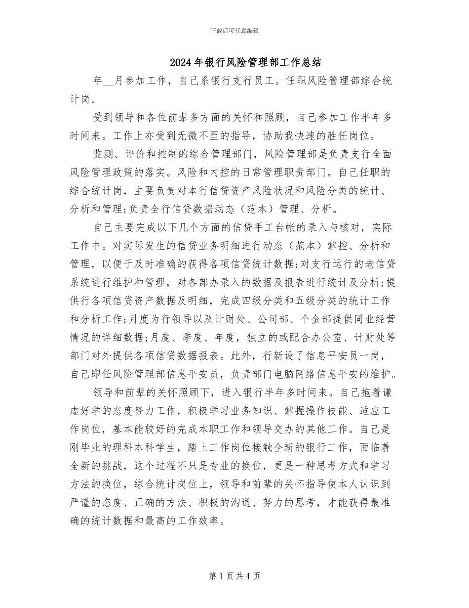 2024年银行风险管理部工作总结_第1页
