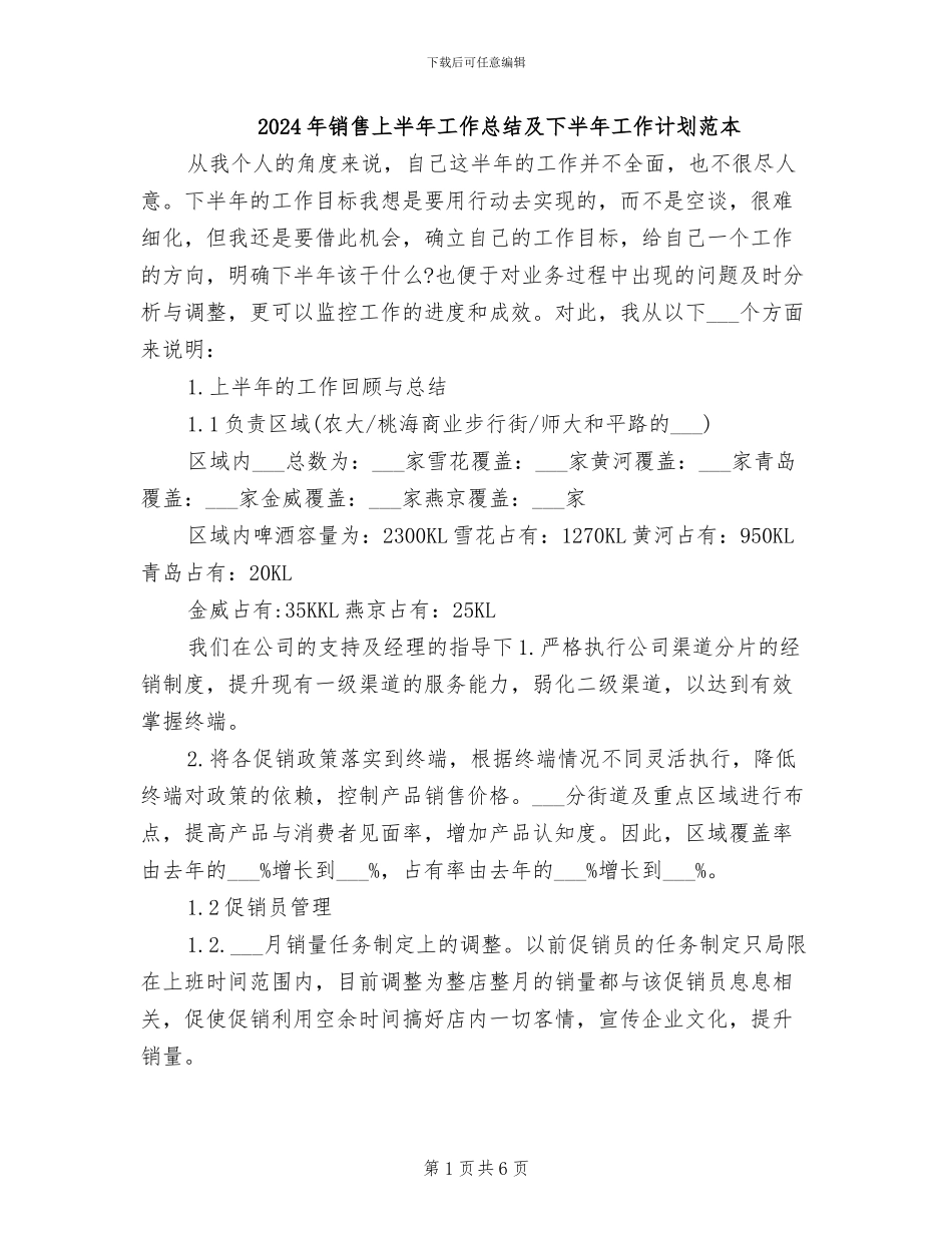 2024年销售上半年工作总结及下半年工作计划范本_第1页