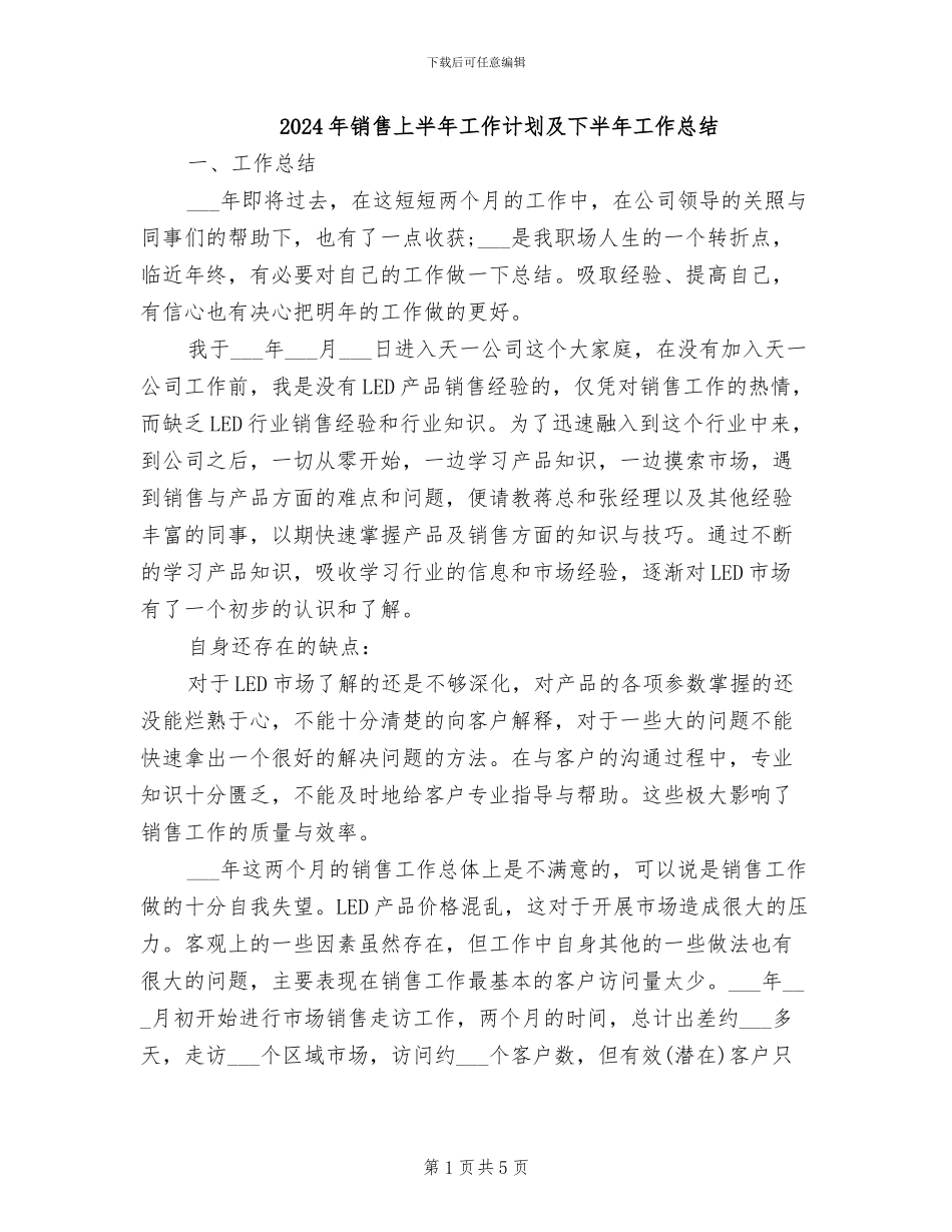 2024年销售上半年工作计划及下半年工作总结_第1页