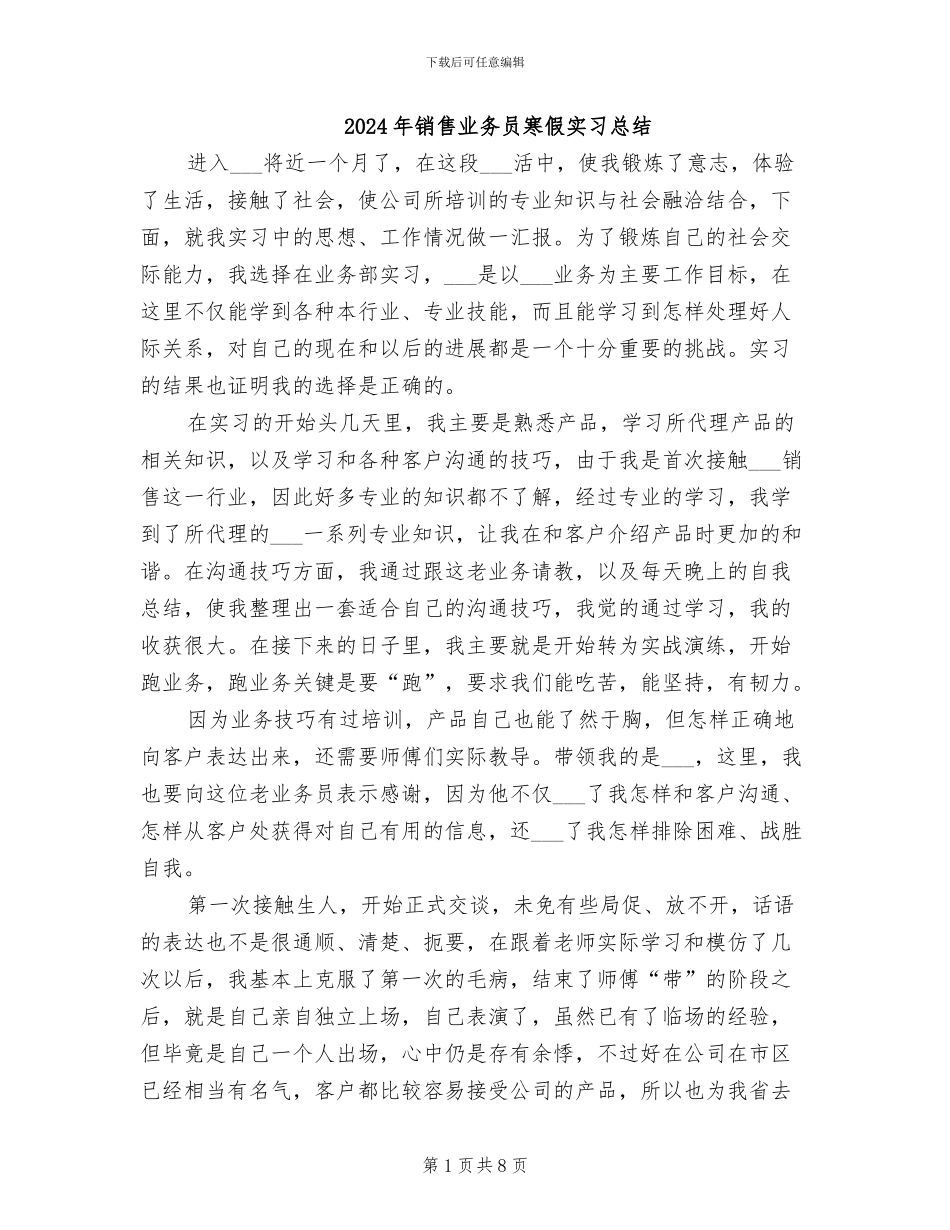 2024年销售业务员寒假实习总结_第1页