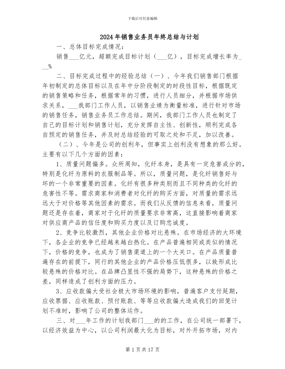 2024年销售业务员年终总结与计划_第1页
