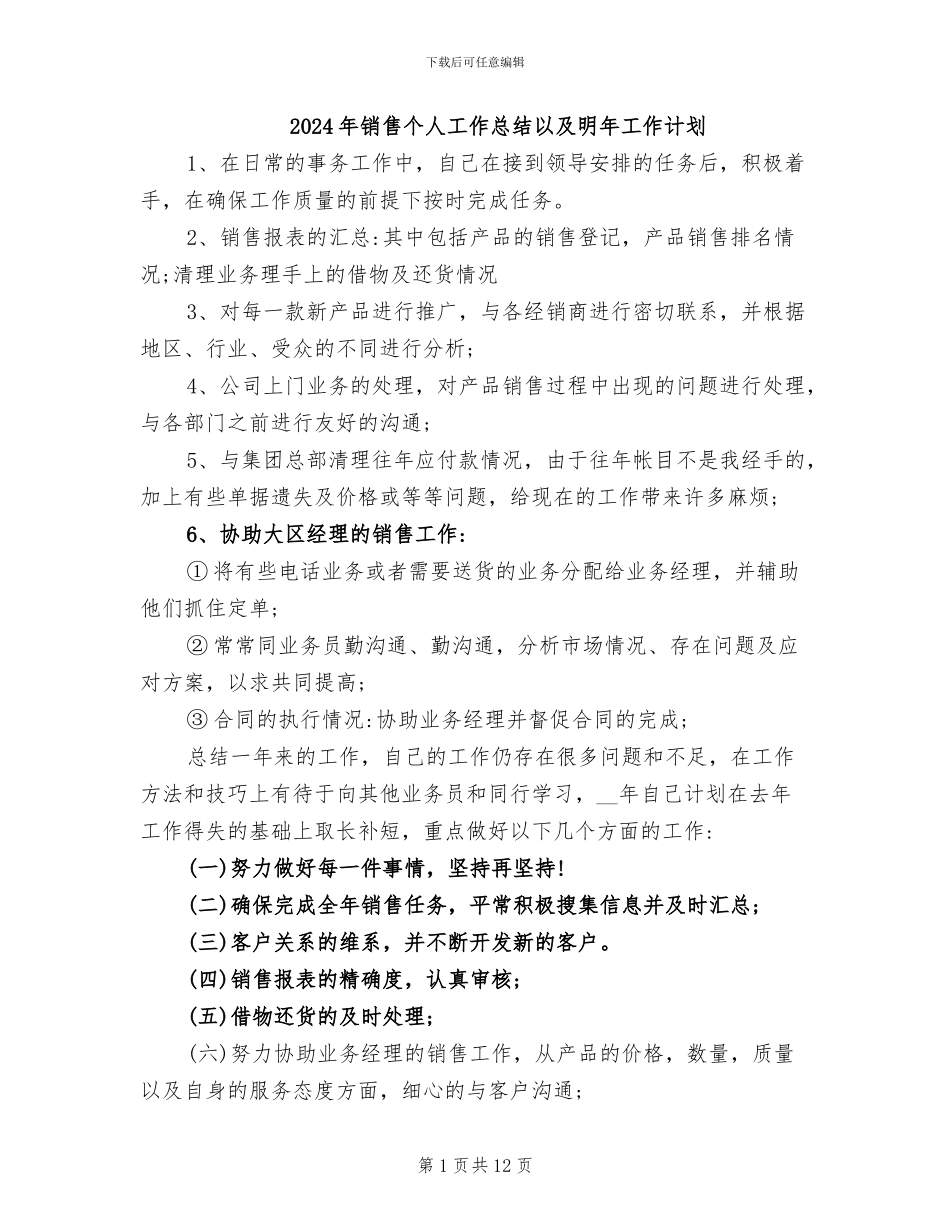 2024年销售个人工作总结以及明年工作计划_第1页