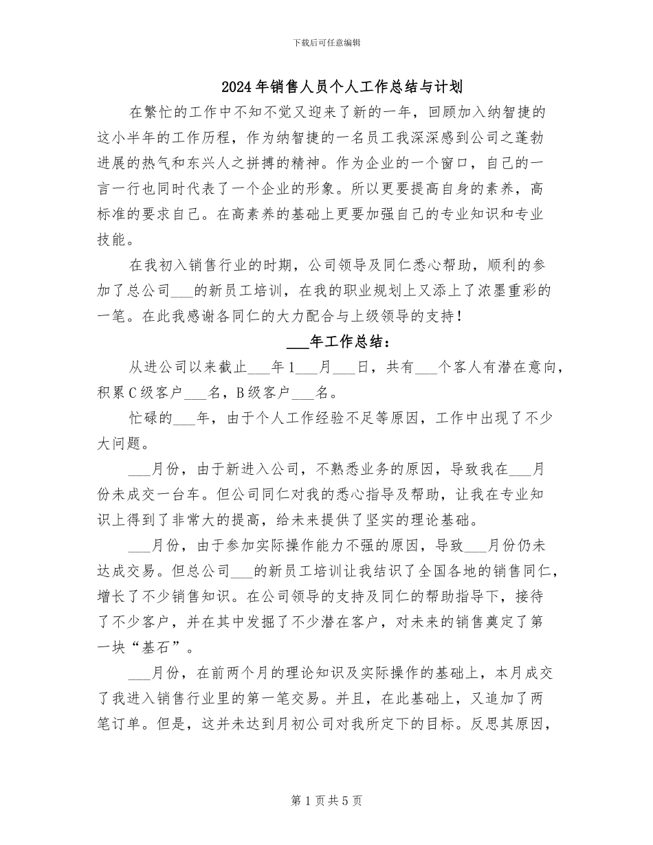 2024年销售人员个人工作总结与计划_第1页