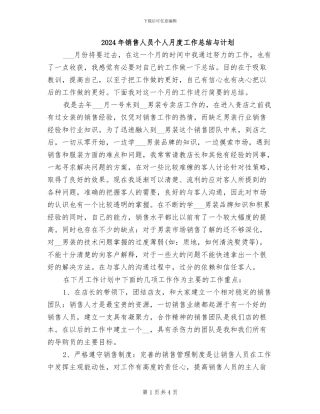 2024年销售人员个人月度工作总结与计划
