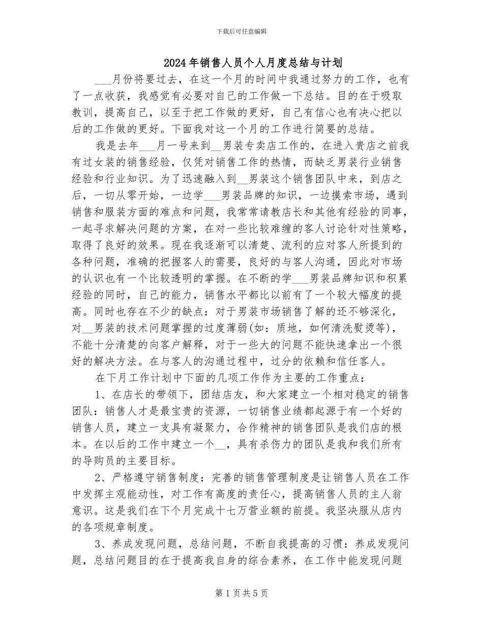 2024年销售人员个人月度总结与计划_第1页