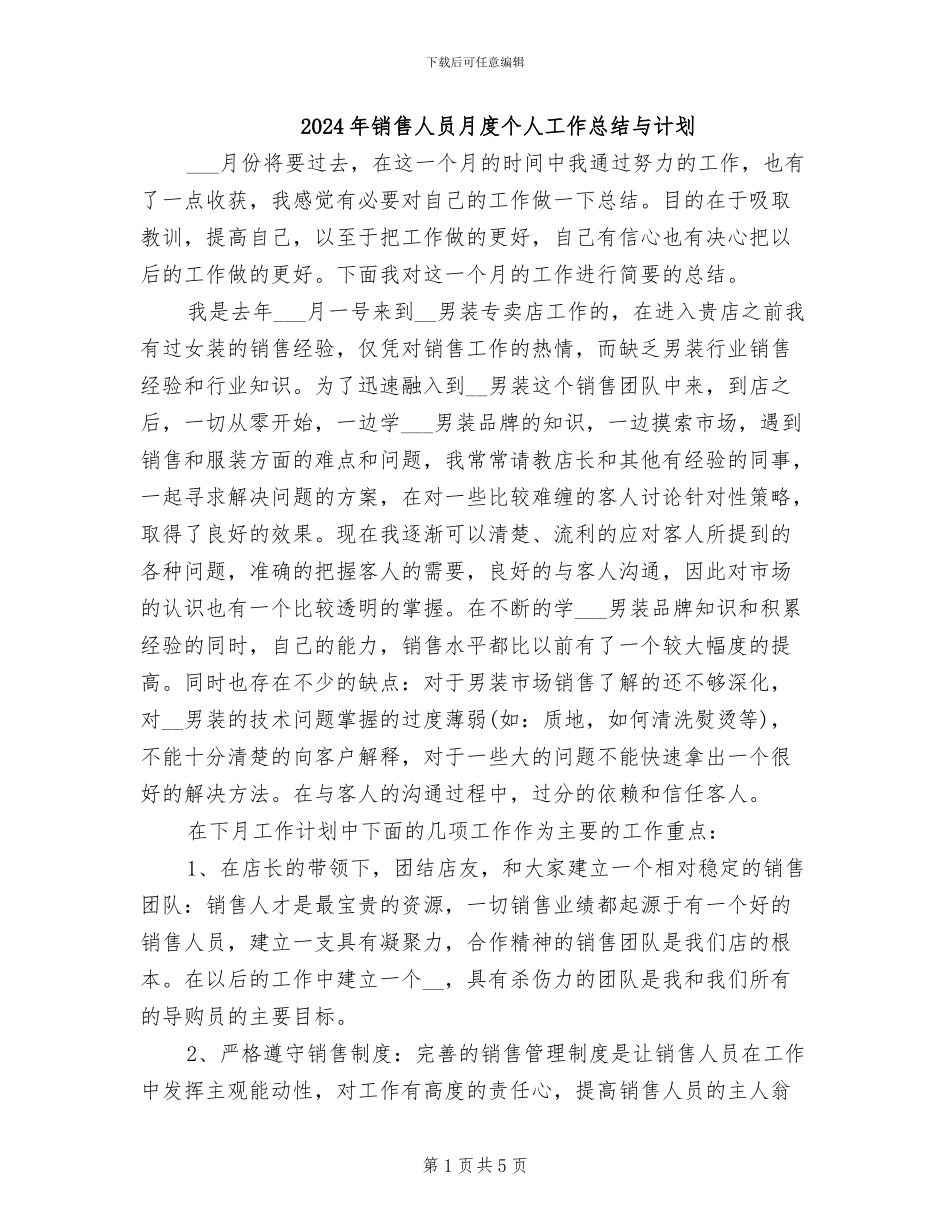 2024年销售人员月度个人工作总结与计划_第1页