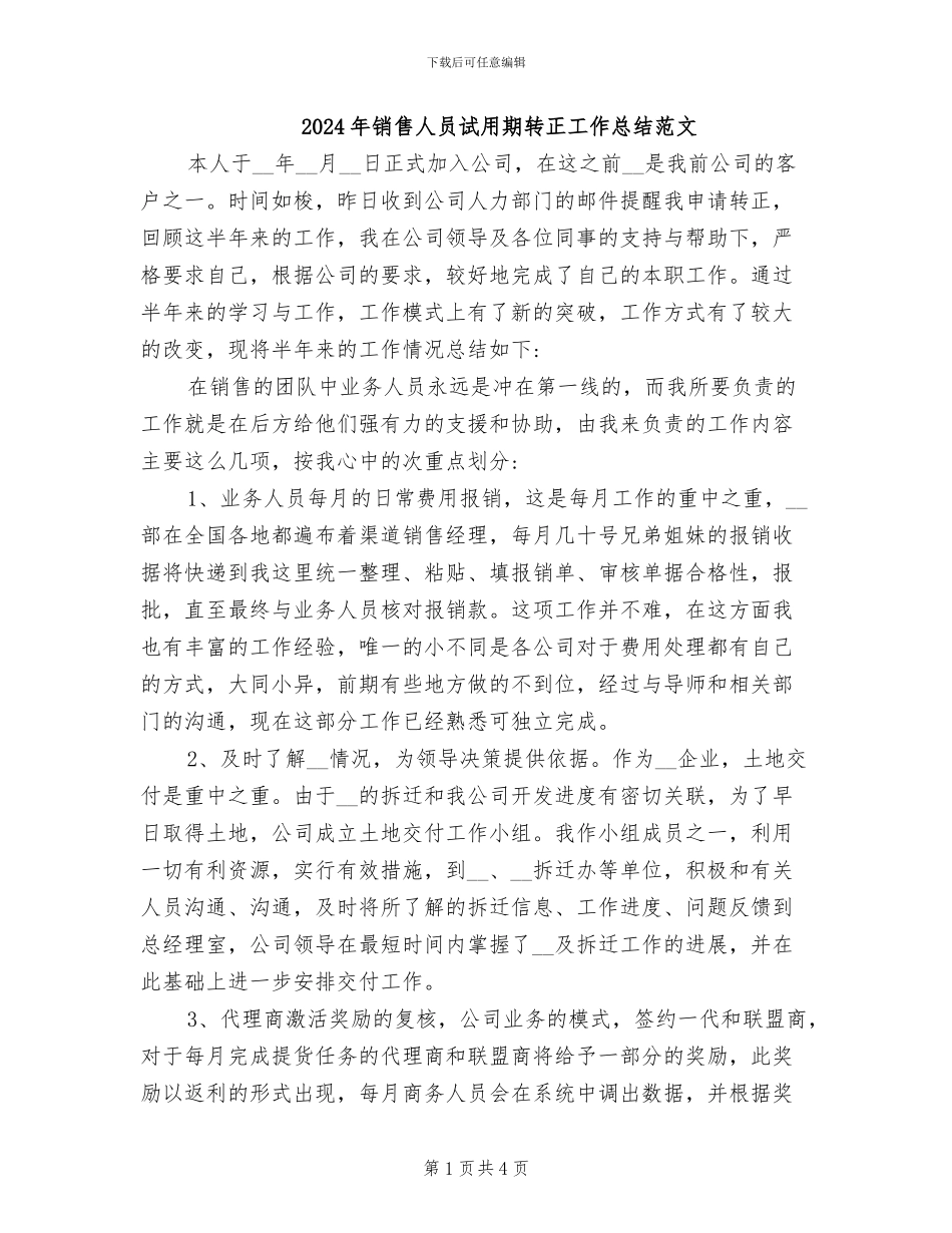 2024年销售人员试用期转正工作总结范文_第1页