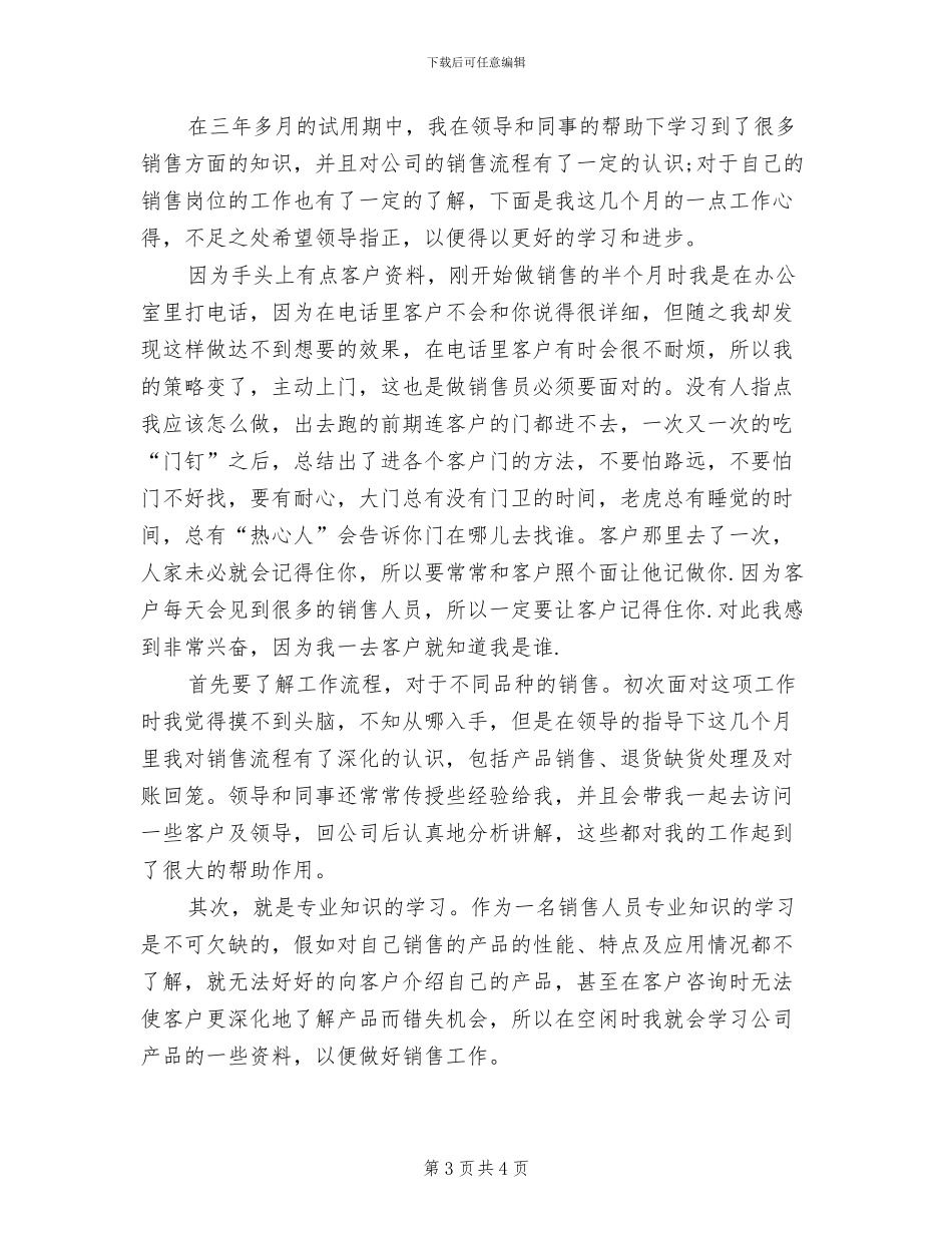 2024年销售人员试用期转正工作总结范文_第3页