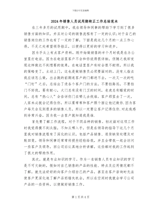 2024年销售人员试用期转正工作总结范本