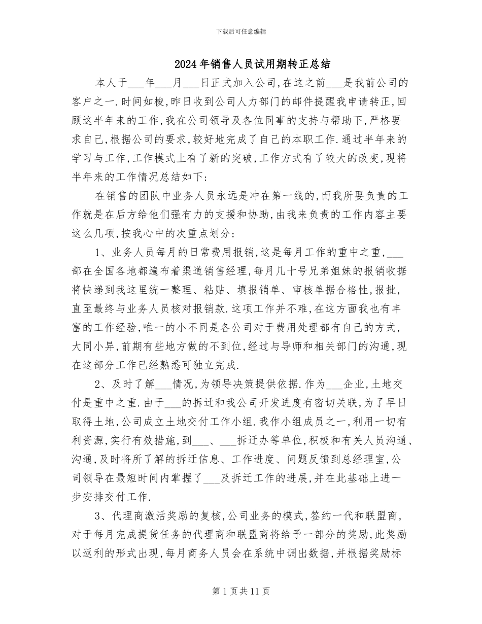 2024年销售人员试用期转正总结_第1页