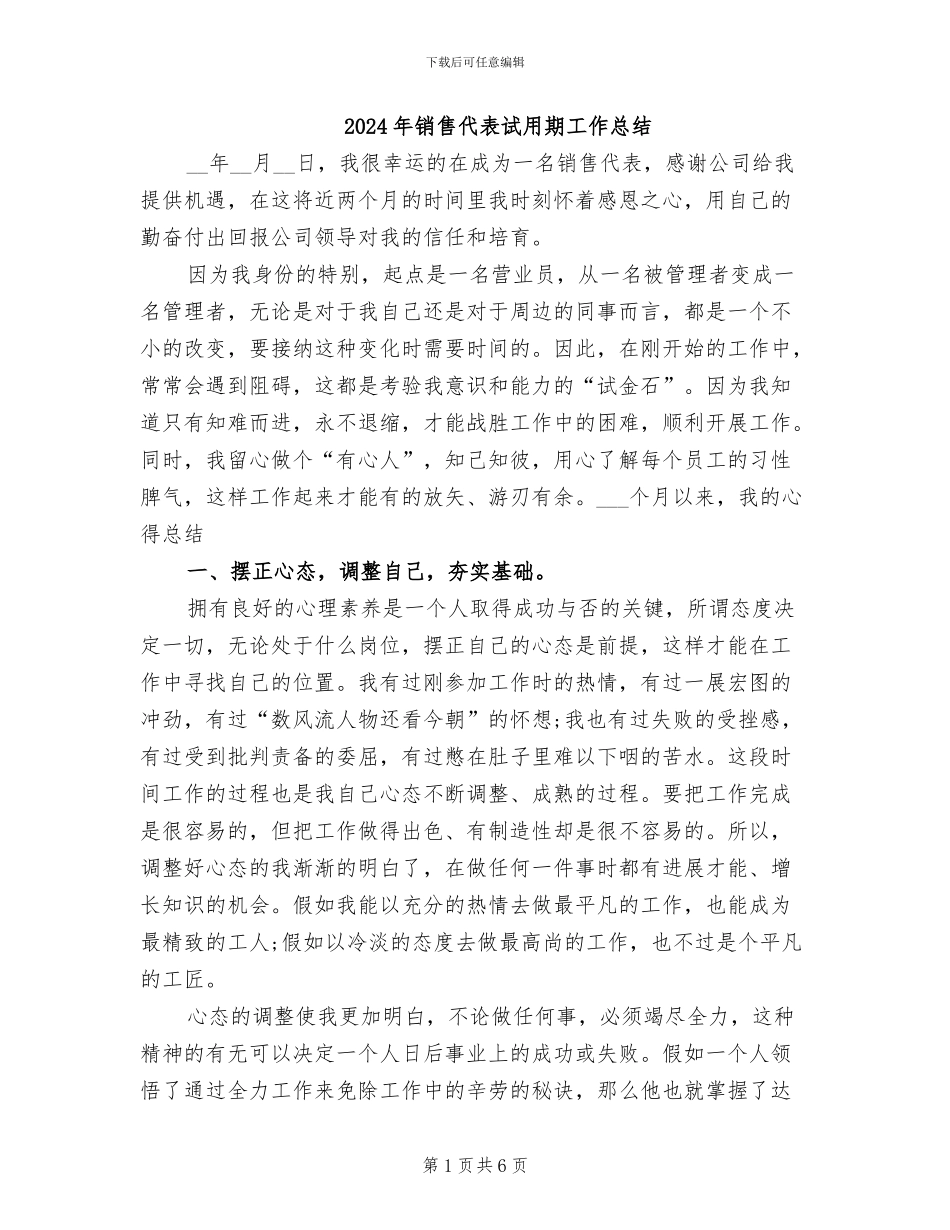 2024年销售代表试用期工作总结_第1页