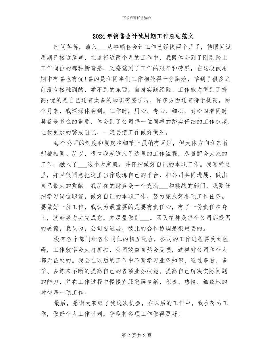 2024年销售会计试用期工作总结_第2页