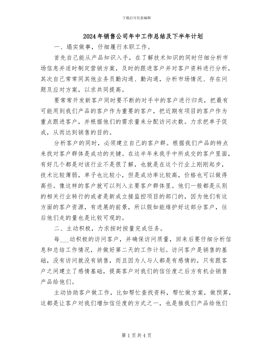 2024年销售公司年中工作总结及下半年计划_第1页