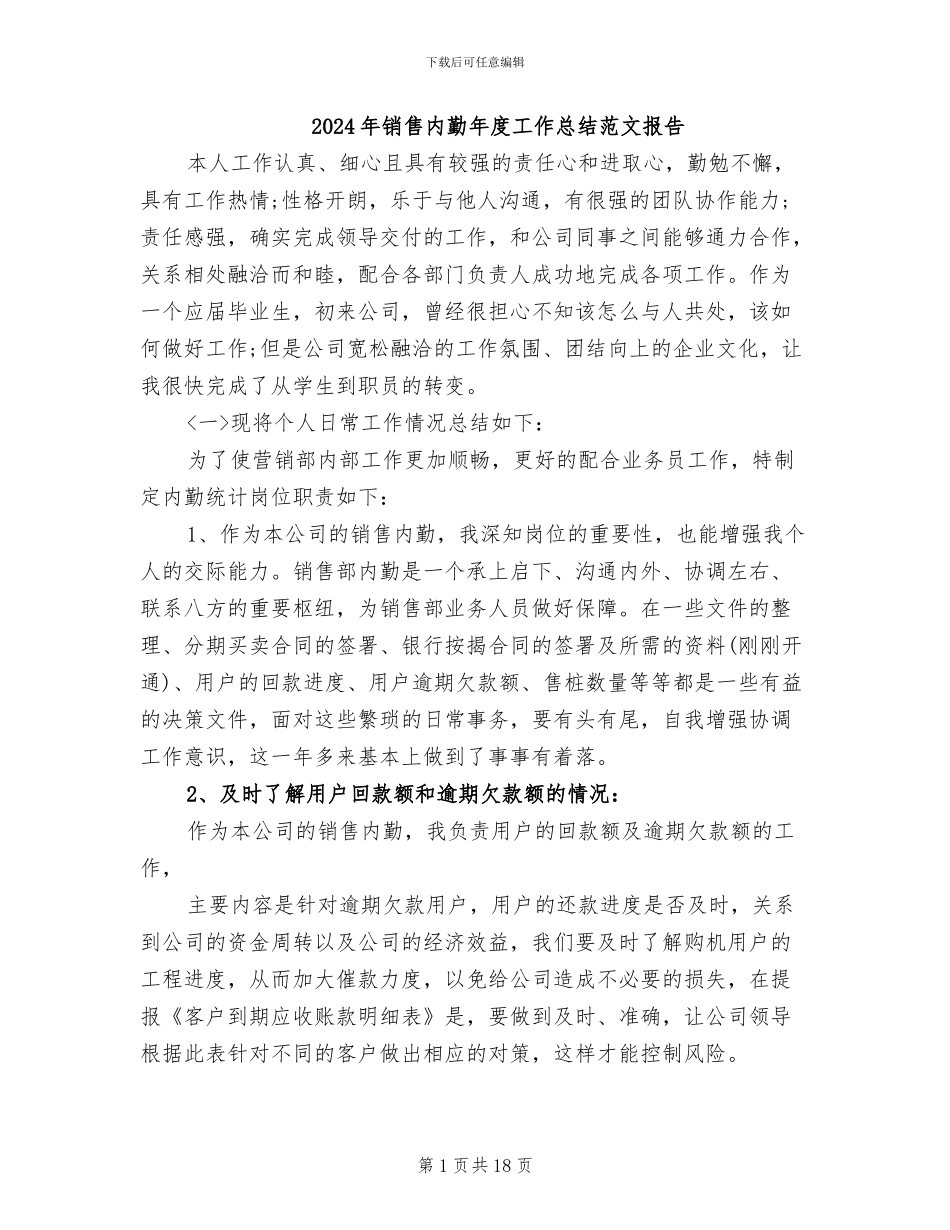 2024年销售内勤年度工作总结范文报告_第1页