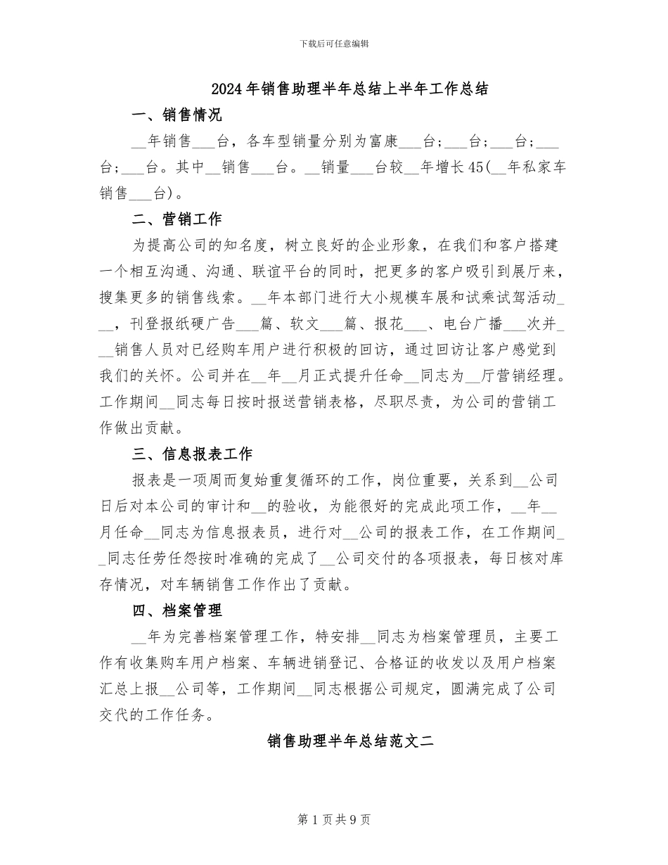 2024年销售助理半年总结上半年工作总结_第1页