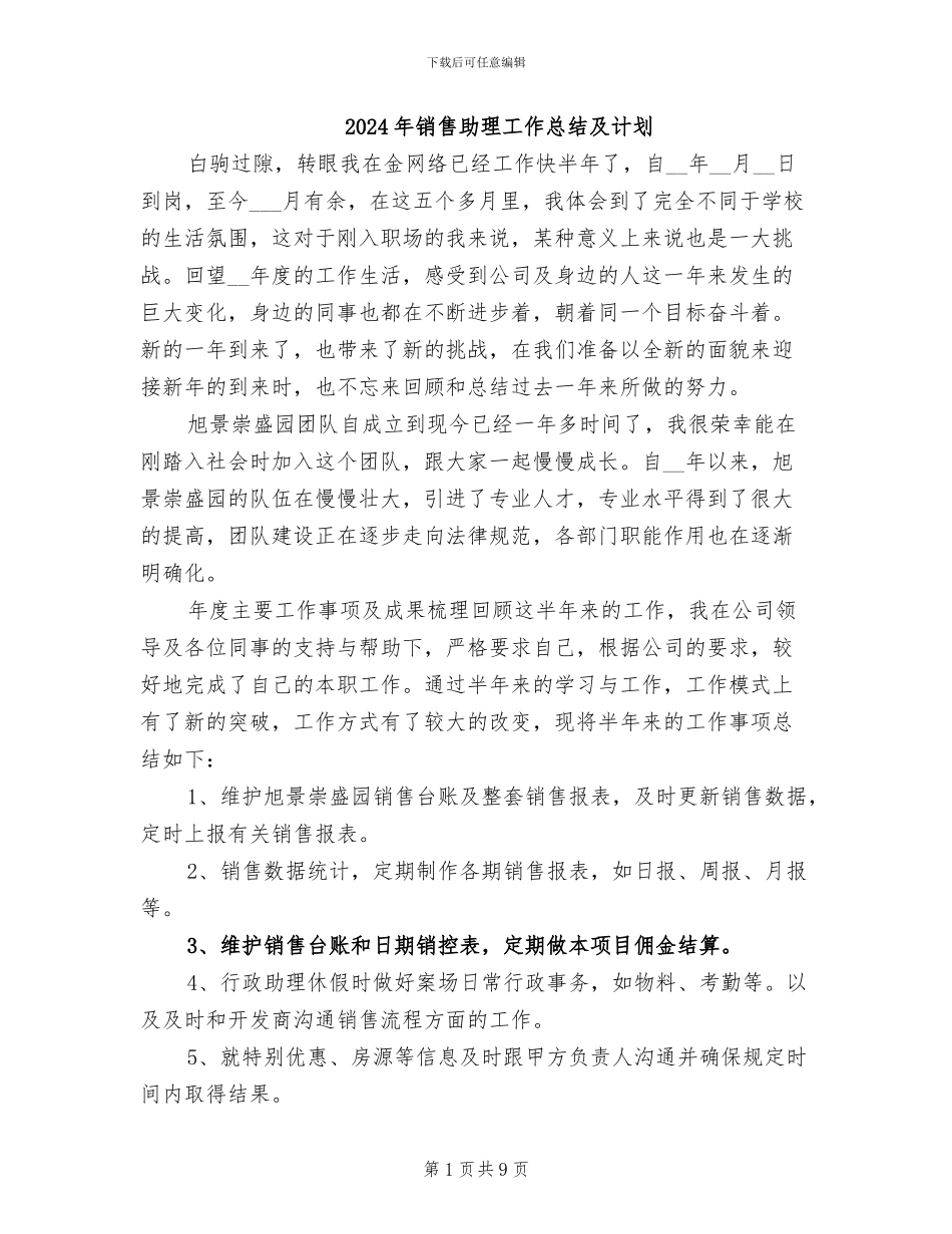 2024年销售助理工作总结及计划_第1页