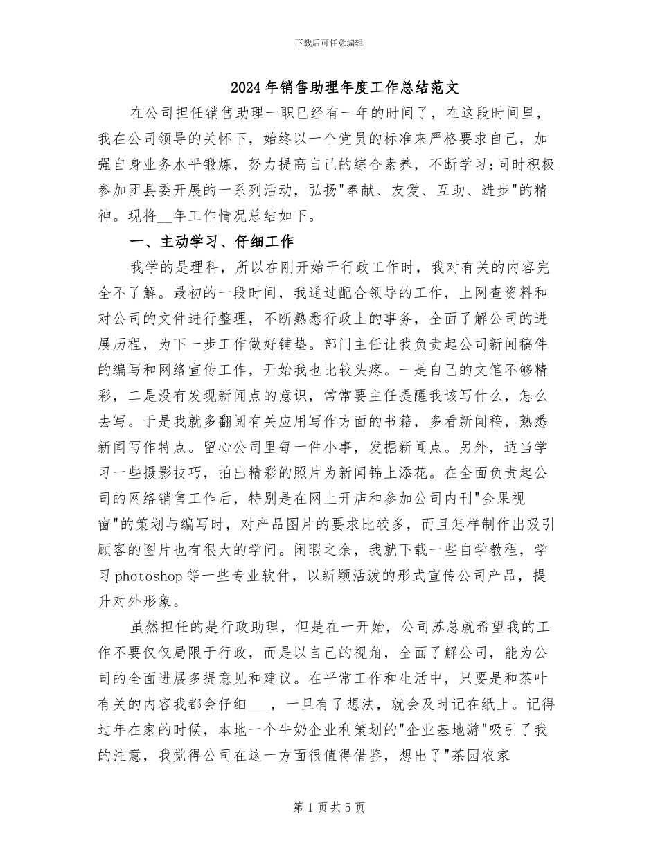 2024年销售助理年度工作总结范文_第1页
