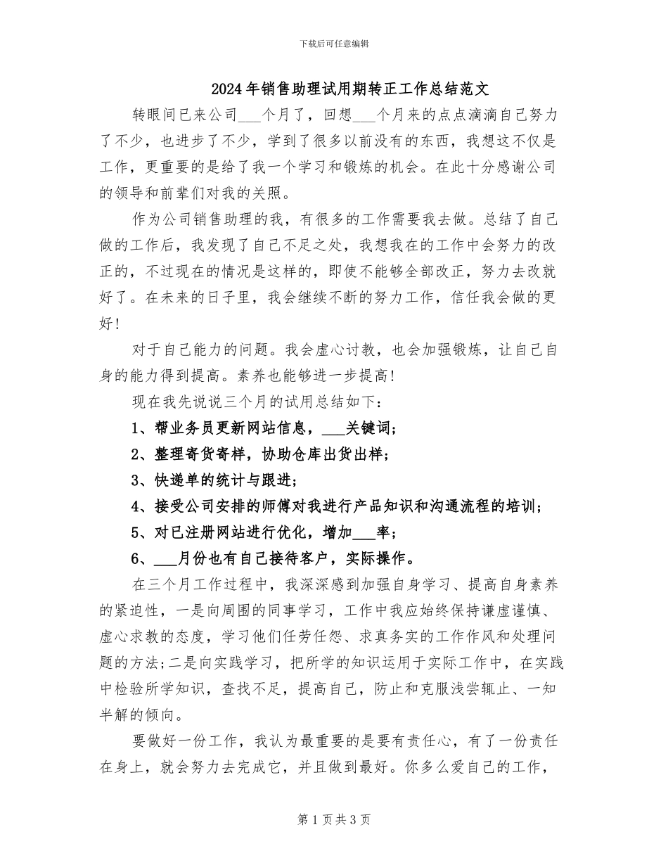 2024年销售助理试用期转正工作总结范文_第1页