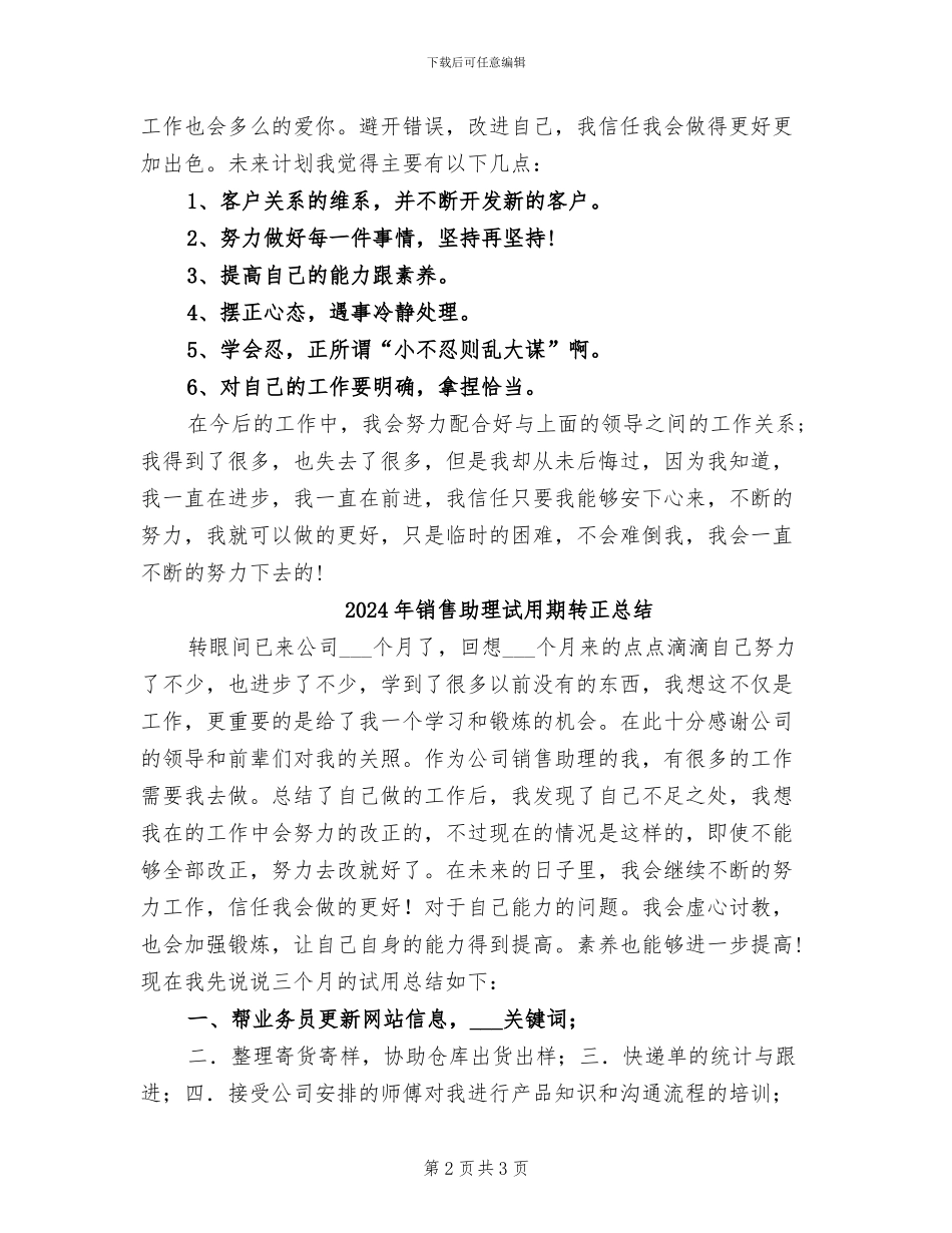 2024年销售助理试用期转正工作总结范文_第2页