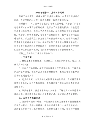 2024年销售十二月份工作总结