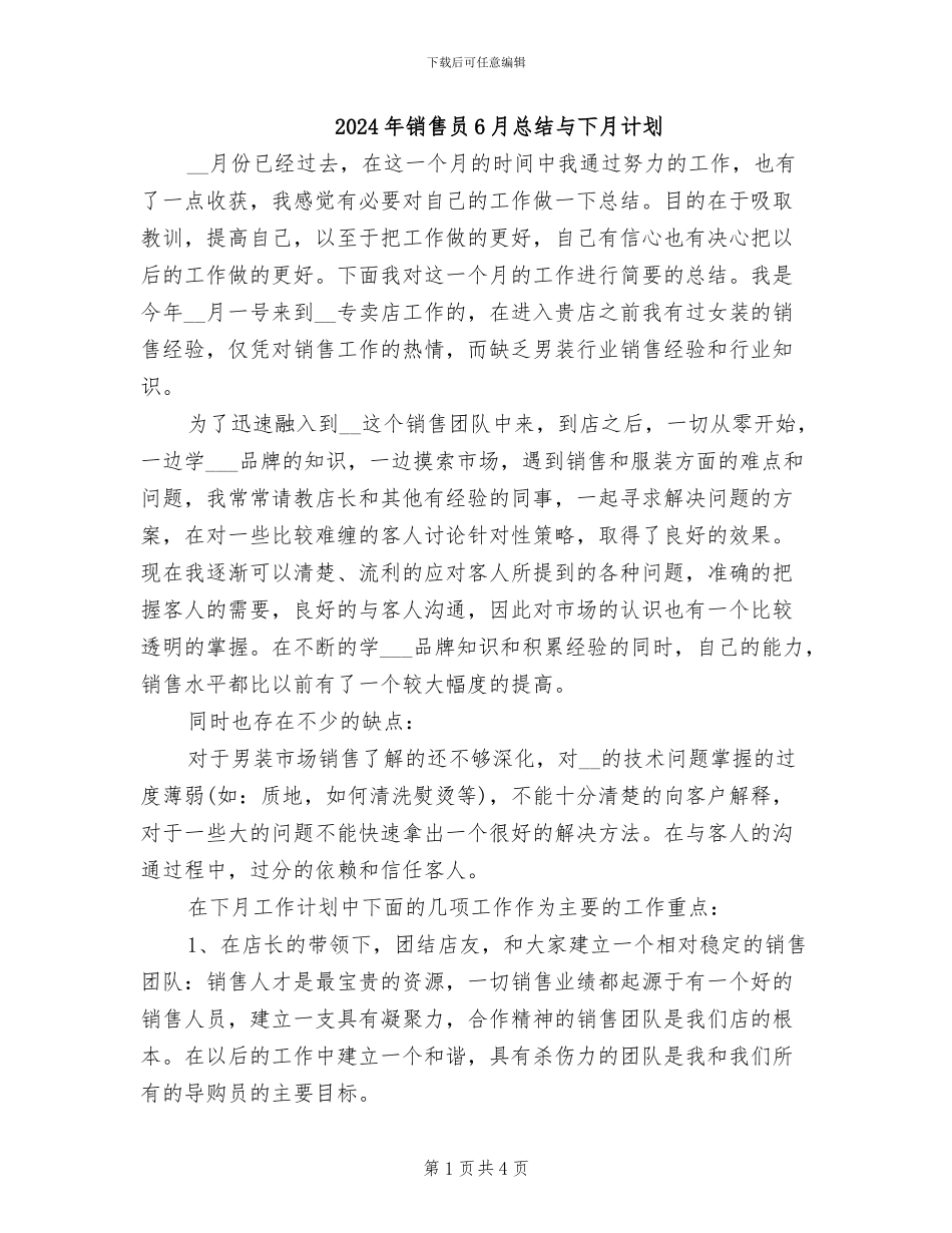 2024年销售员6月总结与下月计划_第1页